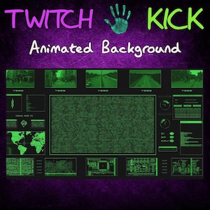 May include: A green and black animated background with a digital design. The background features a grid of screens with text and images. The text includes "VISUAL NINE V9" and "GAP INPUT". The background also includes a handprint with the words "TWITCH" and "KICK" in pink and green.