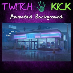 May include: A nighttime animated background featuring a neon-lit VHS store with a blue and pink sign. The store is located on a street with a wet pavement and a building in the background.