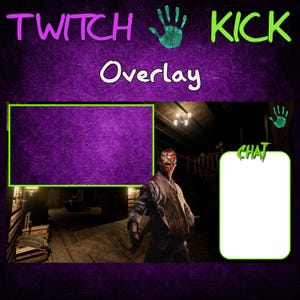 May include: A purple and green Twitch overlay with the text "Twitch Kick Overlay" and a zombie character in the background. There is a white chat box with the text "CHAT" in green.