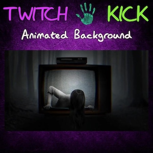 May include: A vintage television set with a woman's face peering out from the screen. The television is set against a dark, textured background. The text "Twitch Kick Animated Background" is displayed above the television.