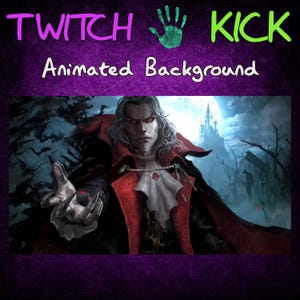 Puede incluir: Fondo animado para streams de Twitch y Kick. La imagen presenta un vampiro con ojos rojos y un abrigo rojo y negro, sobre un fondo gótico oscuro con un castillo y murciélagos. El texto en la parte superior dice "TWITCH KICK Animated Background."