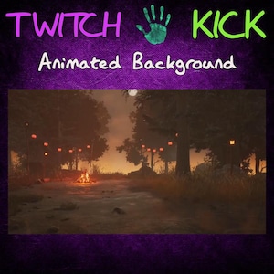 May include: Animated background featuring a campfire in a forest at night. The scene is lit by a full moon and lanterns hanging from trees.