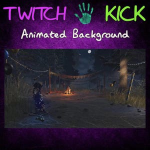 May include: A nighttime scene with a campfire in the middle of a clearing in the woods. There are string lights and party streamers hanging from the trees. The scene is animated and can be used as a background for Twitch or Kick streams.
