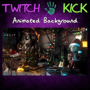 Könnte beinhalten: Animierter Hintergrund mit dem Text "TWITCH KICK" und "Animated Background". Die Szene zeigt einen Hund mit Weihnachtsmütze, einen Weihnachtsbaum und eine Figur im Weihnachtsmann-Kostüm. Der Hintergrund hat ein lila strukturiertes Design.
