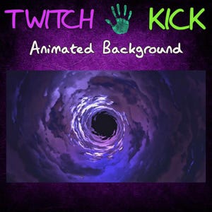 Op de afbeelding: Geanimeerde achtergrond voor Twitch of Kick met een draaiende paarse en blauwe werveling met een zwart centrum.
