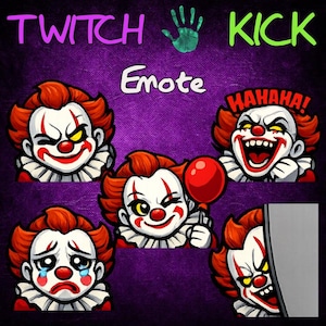 May include: A purple background with the words "TWITCH" and "KICK" in purple and green, and the word "Emote" in white. Five cartoon clown faces with red hair, white face paint, and red noses are displayed, each with a different expression.