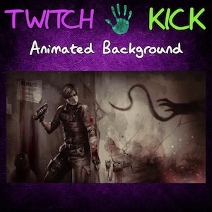 Peut inclure: Une illustration numérique d'un homme portant une chemise vert foncé et un pantalon noir tenant une arme à feu, avec une silhouette fantomatique qui tend la main depuis l'arrière-plan. Le texte "Twitch Kick Animated Background" est en haut de l'image.
