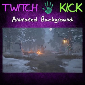 Könnte beinhalten: Animierter Hintergrund mit einer verschneiten Waldszene mit einem Schneemann, einem Lagerfeuer und einer Hütte mit Lichtern. Die Szene wird von einem Vollmond und fallendem Schnee beleuchtet.