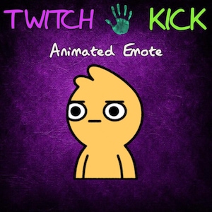 May include: An animated emote with a yellow character with a neutral expression. The image has the words "TWITCH KICK" in purple and green, with a green handprint. The words "Animated Emote" are in white.