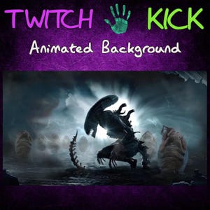 May include: Animated background with a dark, ominous scene featuring a creature with a large head and a spiked tail. The background includes egg-like structures and the text "TWITCH KICK Animated Background" in white and green.
