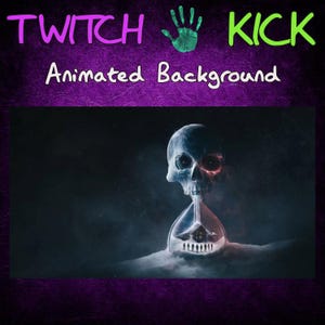 Puede incluir: Fondo animado de Twitch con un reloj de arena en forma de calavera, una casa y figuras en su interior. El fondo es un cielo estrellado azul oscuro y negro.