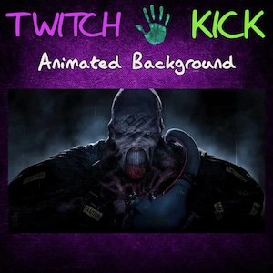 May include: A digital background featuring a monstrous creature with a grotesque face and a large, open mouth. The creature is wearing a dark jacket with yellow caution tape and a blue tank on its back. The background is dark and blurry, with a purple border.