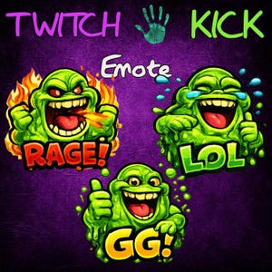 May include: Digital art featuring three green monster-like characters with exaggerated expressions. One character breathes fire with "RAGE!" text, another laughs with "LOL", and the last gives a thumbs up with "GG!". The words "TWITCH", "KICK", and "Emote" are also present.