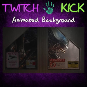 May include: A digital background featuring a close-up of a Xenomorph from the Alien franchise, peering through a window with warning signs that read "NOTICE ALL ACTIVITIES MONITORED BY VIDEO CAMERA", "▲ DANGER Restricted Area", and "RESTRICTED AREA".