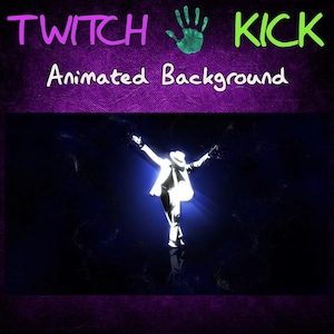 May include: Animated background with the text "TWITCH KICK" in purple and green. A white silhouette of a person in a suit and hat is dancing with arms outstretched, illuminated by a blue spotlight against a dark background.