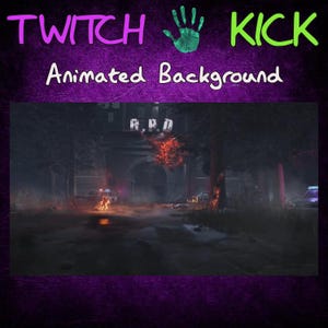 May include: A dark, nighttime scene with a police station in the background. The station has a sign that reads "R.P.D." and is surrounded by trees. There is a fire in the foreground.