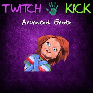 May include: Animated Twitch emote featuring a red-haired doll with a mischievous grin, wearing a striped shirt and blue overalls. The emote is set against a purple background with the text "Twitch Kick" and "Animated Emote" above the doll.