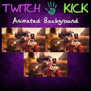 Puede incluir: Un fondo animado con las palabras "TWITCH KICK" en morado y verde, y las palabras "Animated Background" en blanco. La imagen presenta tres paneles de una persona con un uniforme futurista rojo y beige con un casco.