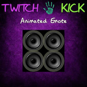 May include: Animated Twitch emote with the text "TWITCH KICK" in pink and green, and the words "Animated Emote" in purple. The emote features four black speakers with gray cones against a purple background.