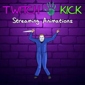 Puede incluir: Un gráfico digital con el texto TWITCH KICK y Streaming Animations sobre un personaje de dibujos animados con mono azul y máscara blanca que sostiene un cuchillo. El fondo es una pared de ladrillos morada con un icono de mano verde.