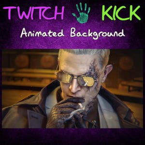 May include: Animated background for Twitch and Kick streaming platforms. The image features a man with sunglasses, a scar on his face, and a cigarette. The text at the top reads "TWITCH KICK Animated Background" in purple, green, and white.