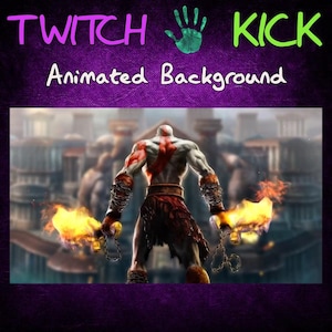 May include: A digital background featuring a muscular figure with red tattoos holding flaming weapons, set against a backdrop of a city with ancient architecture. The text "TWITCH KICK Animated Background" is displayed at the top of the image.