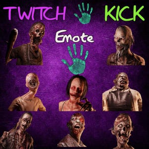 May include: A purple background with the words "TWITCH" and "KICK" in pink and green, and the word "Emote" in white. The image features several zombie-like characters with various expressions and details.