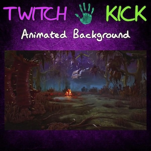 May include: Animated background with a swampy, alien landscape. The scene features a path leading to a distant structure, with a small fire in the foreground. The text "TWITCH KICK" and "Animated Background" are displayed.