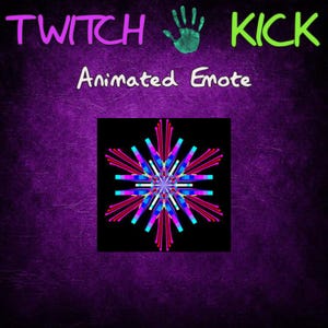 May include: Animated Twitch emote featuring a colourful, geometric design against a black backdrop. The text "Twitch Kick" is written in green and purple above the design. The text "Animated Emote" is written below the design.
