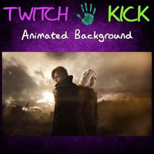 Könnte beinhalten: Animierter Hintergrund für Twitch- und Kick-Streams. Das Bild zeigt zwei Personen, die vor einem dramatischen, bewölkten Himmel Rücken an Rücken stehen. Der Text "TWITCH KICK" steht oben, darunter "Animated Background".