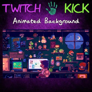 May include: Pixel art animated background with the words "TWITCH KICK" and "Animated Background". The background features a pixelated scene with Super Mario Bros. characters, a computer, and a window with a moon.