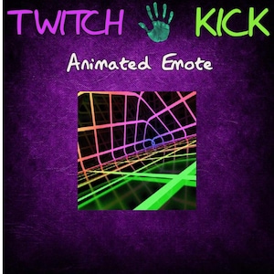 Könnte beinhalten: Lila Hintergrund mit den Worten "TWITCH KICK" in Lila und Grün sowie einem grünen Handabdruck. Der Text "Animated Emote" ist in Weiß geschrieben. Ein farbenfrohes, geometrisches Design befindet sich in der Mitte.