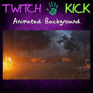 May include: Animated background with the text "TWITCH KICK" and "Animated Background". The scene depicts a campfire, pumpkins, and a forest setting, with a dark, moody atmosphere. The color palette includes orange, green, and purple.