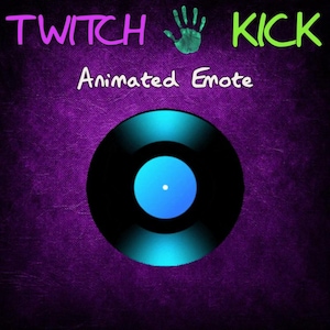 Puede incluir: Un disco de vinilo negro con una etiqueta central azul. El disco está sobre un fondo morado con el texto "TWITCH KICK Animated Emote" encima.