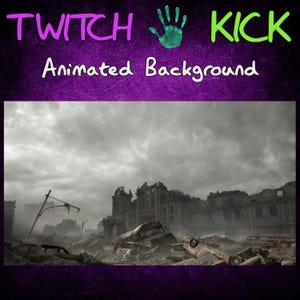 Puede incluir: Fondo animado con un paisaje urbano postapocalíptico. La imagen presenta una ciudad en ruinas con edificios destruidos, escombros y vehículos abandonados bajo un cielo nublado. El texto en la parte superior dice "TWITCH KICK Animated Background".