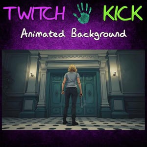 Könnte beinhalten: Animierter Hintergrund für Twitch- und Kick-Streams. Die Abbildung zeigt eine Person vor einer türkisblauen Tür. Der Text "TWITCH KICK Animated Background" ist oben im Bild zu sehen.