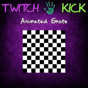 Op de afbeelding: Geanimeerde Twitch-emote met de tekst "KICK" in groen en "TWITCH" in paars. De emote is een zwart-wit geblokt vierkant.