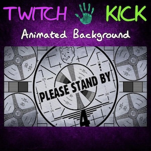 May include: A black and white animated background with a vintage television test pattern. The pattern features a circle with the text "PLEASE STAND BY" and a number "4" in the center. The background is surrounded by a purple border.