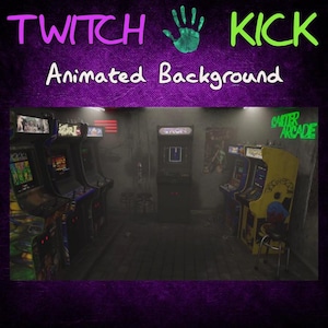 Pode incluir: Um fundo animado para streams do Twitch e Kick. A imagem mostra um fliperama com pouca luz com várias máquinas de arcade vintage. O texto "TWITCH KICK Animated Background" é exibido em roxo e verde.
