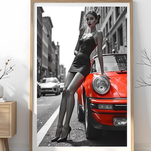 Red Porsche 911 Print – Glam Woman City Wall Art – Digital Download Poster