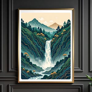 Japanese Waterfall Wall Art, Ukiyo-e Hokusai Landscape Poster Print, Blue Green Japanese Home Decor