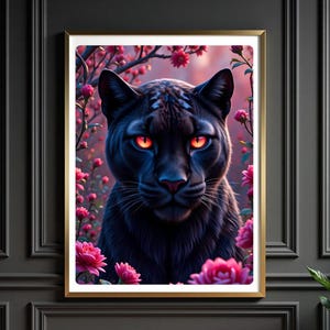 Black Panther Floral Art, Digital Jungle Cat Print, Elegant Wild Animal Poster, Dark Aesthetic Wall Art, Red Eyes Panther Illustration