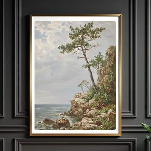 Coastal Pine Tree Landscape Print – Cliffside Nature Wall Art – Mediterranean Seaside Tree Poster – Digital Download – Calm Home Decor
