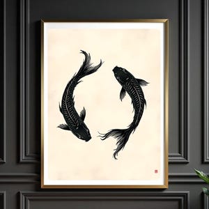 Koi Fish Wall Art – Japanese Minimalist Zen Decor – Yin Yang Style Digital Print – Black and White Animal Poster – Instant Download