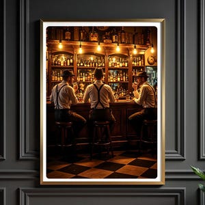 Vintage Bar Scene Wall Art – Retro Whiskey Drinkers Print – Speakeasy Style Digital Poster for Man Cave Decor