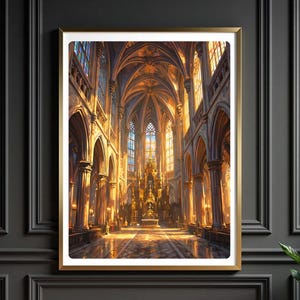 Majestic Gothic Cathedral Interior – Grand Architectural Oil Painting, Stained Glass & Golden Light Digital Wall Art Print