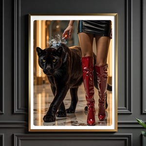 Luxury Wall Art, Vogue Magazine Print, Fashion Model & Panther Poster, High Fashion Print, Modern Chic Art, Hypebeast Aesthetic, Red Boots