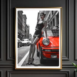 Red Porsche Wall Art – Bold Woman in Black Dress Street Scene – Luxury Car Poster – Monochrome City Glamour Digital Print