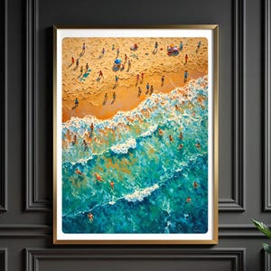 Summer Poster, Minimalist Printable Wall Art, Tiny People Swimming in Ocean Print, Beach House Decor
