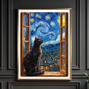 Sternenklare Nachtkatze Art Print - Schwarze Katze am Fenster sitzend Digitale Wandkunst - Van Gogh inspirierter Nachthimmel Poster für ein gemütliches Wohndekor